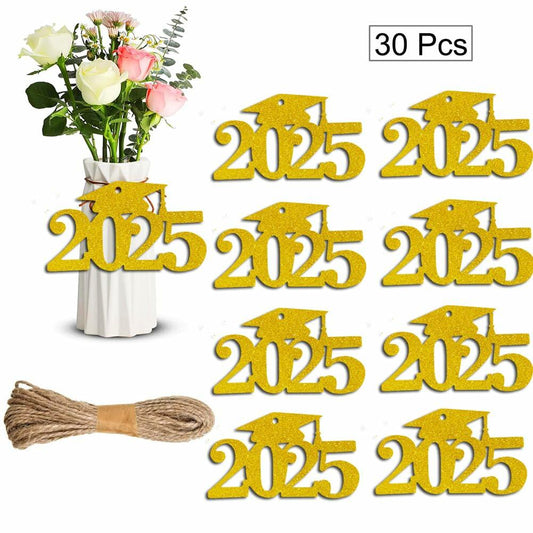 SDKI 30Pcs 2025 Gold Glitter Graduation Cutouts Tags Party Decoration