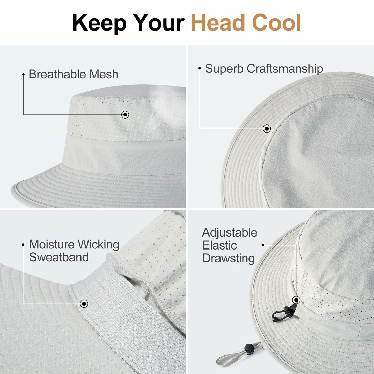 VOBOOM Breathable Wide Brim Sun Hat UV Protection Fishing Cap Grey