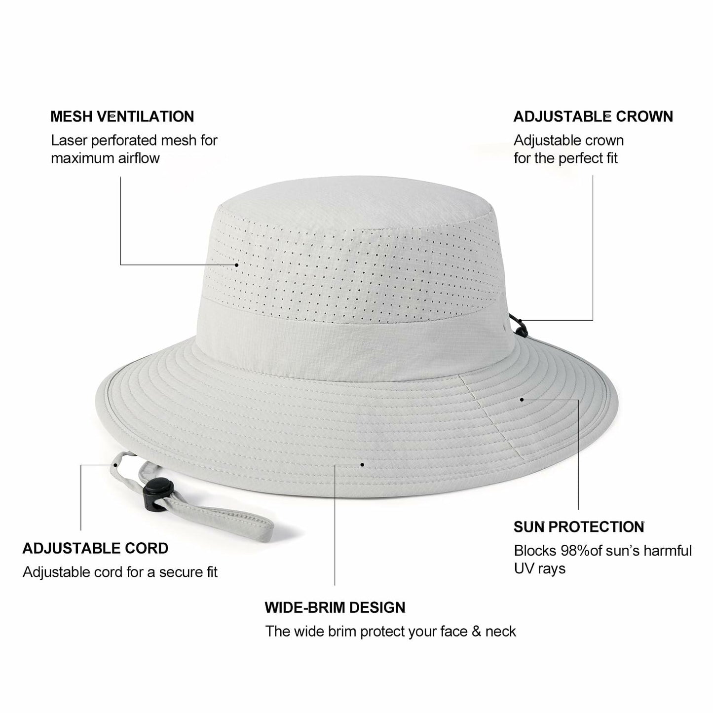 VOBOOM Breathable Wide Brim Sun Hat UV Protection Fishing Cap Grey