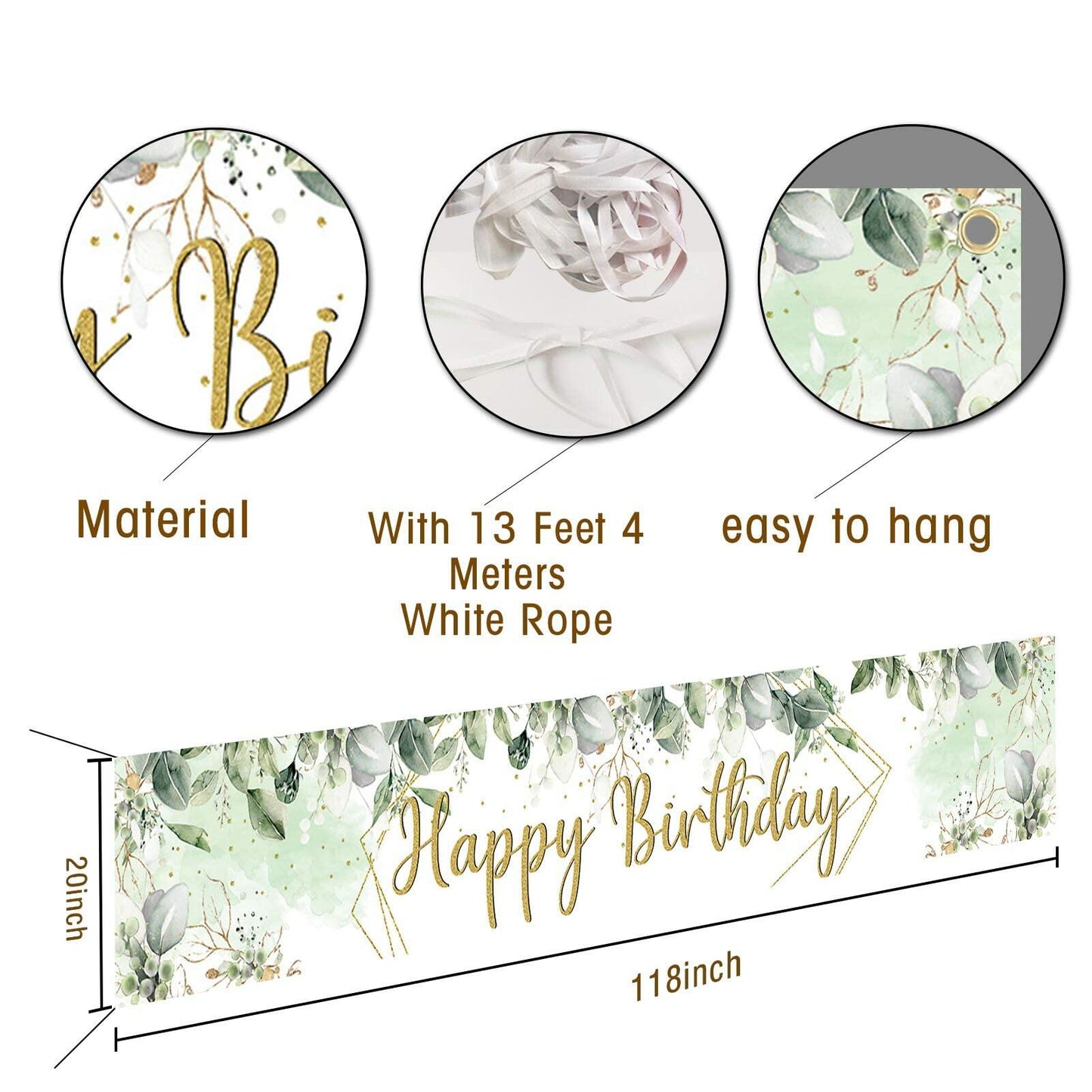VOUORON Happy Birthday Banner 118in x 20in Greenery Succulent Eucalyptus