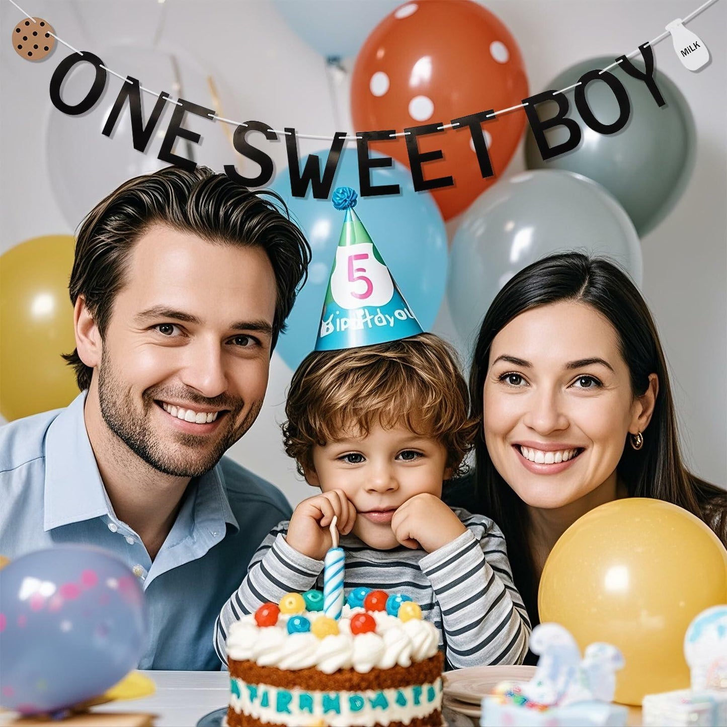 Lotoo One Sweet Boy Birthday Banner Milk Cookies Cardstock Partydcr01-1