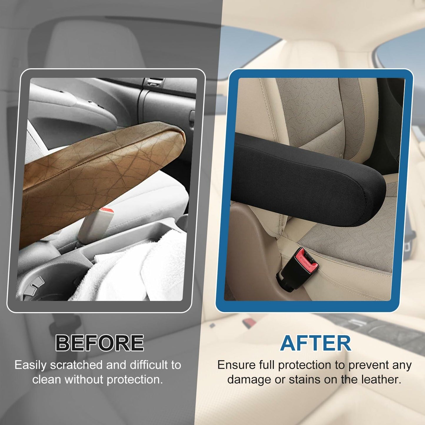 4uni Car Front Seat Armrest Covers Elastic Fabric Universal Fit Black 2 PCS