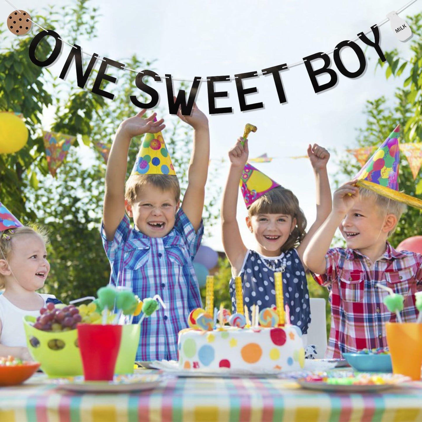 Lotoo One Sweet Boy Birthday Banner Milk Cookies Cardstock Partydcr01-1