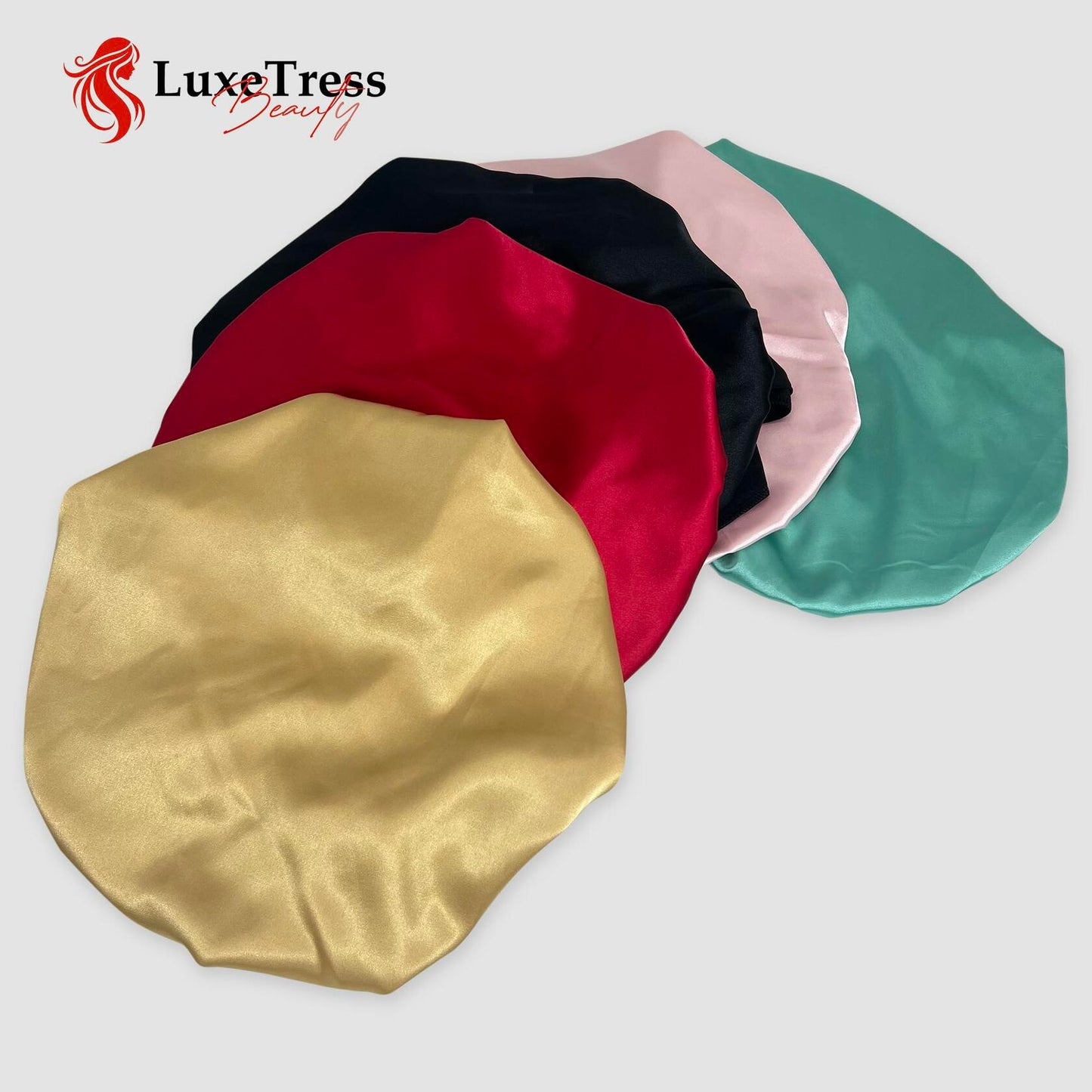 LuxeTress Black Satin Hair Bonnet Double-Layered Adjustable Black