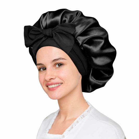 LuxeTress Black Satin Hair Bonnet Double-Layered Adjustable Black