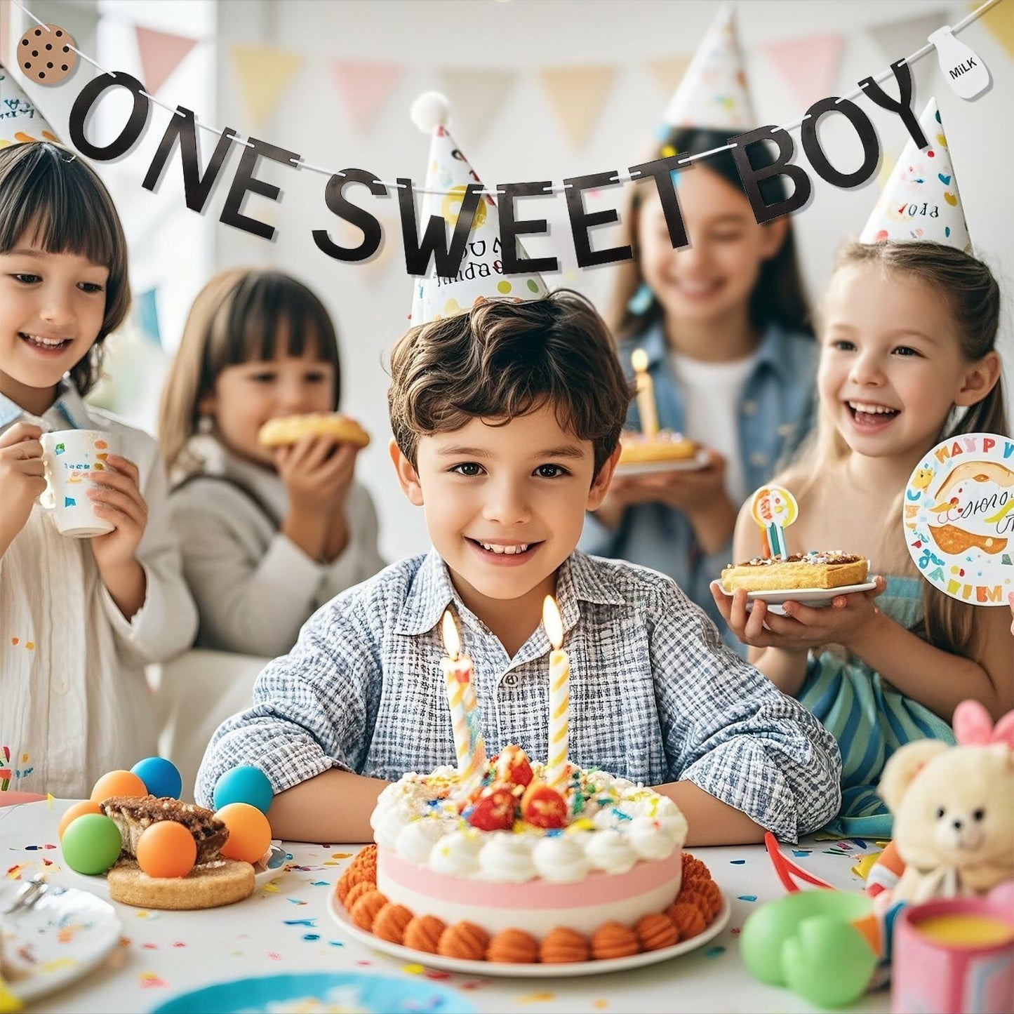 Lotoo One Sweet Boy Birthday Banner Milk Cookies Cardstock Partydcr01-1