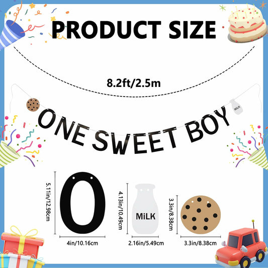 Lotoo One Sweet Boy Birthday Banner Milk Cookies Cardstock Partydcr01-1