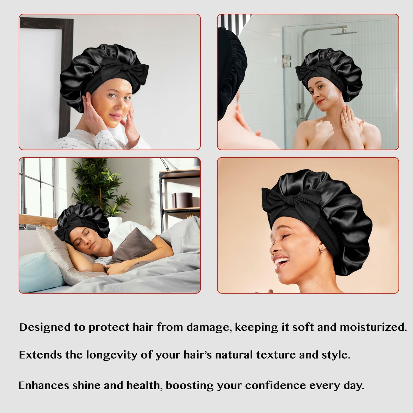 LuxeTress Black Satin Hair Bonnet Double-Layered Adjustable Black