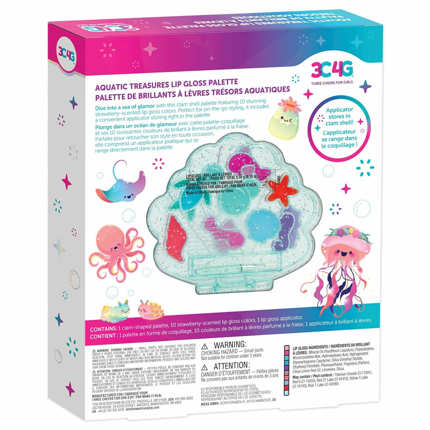 3C4G Aquatic Treasures Lip Gloss Palette Clam Case 10 Strawberry Colors