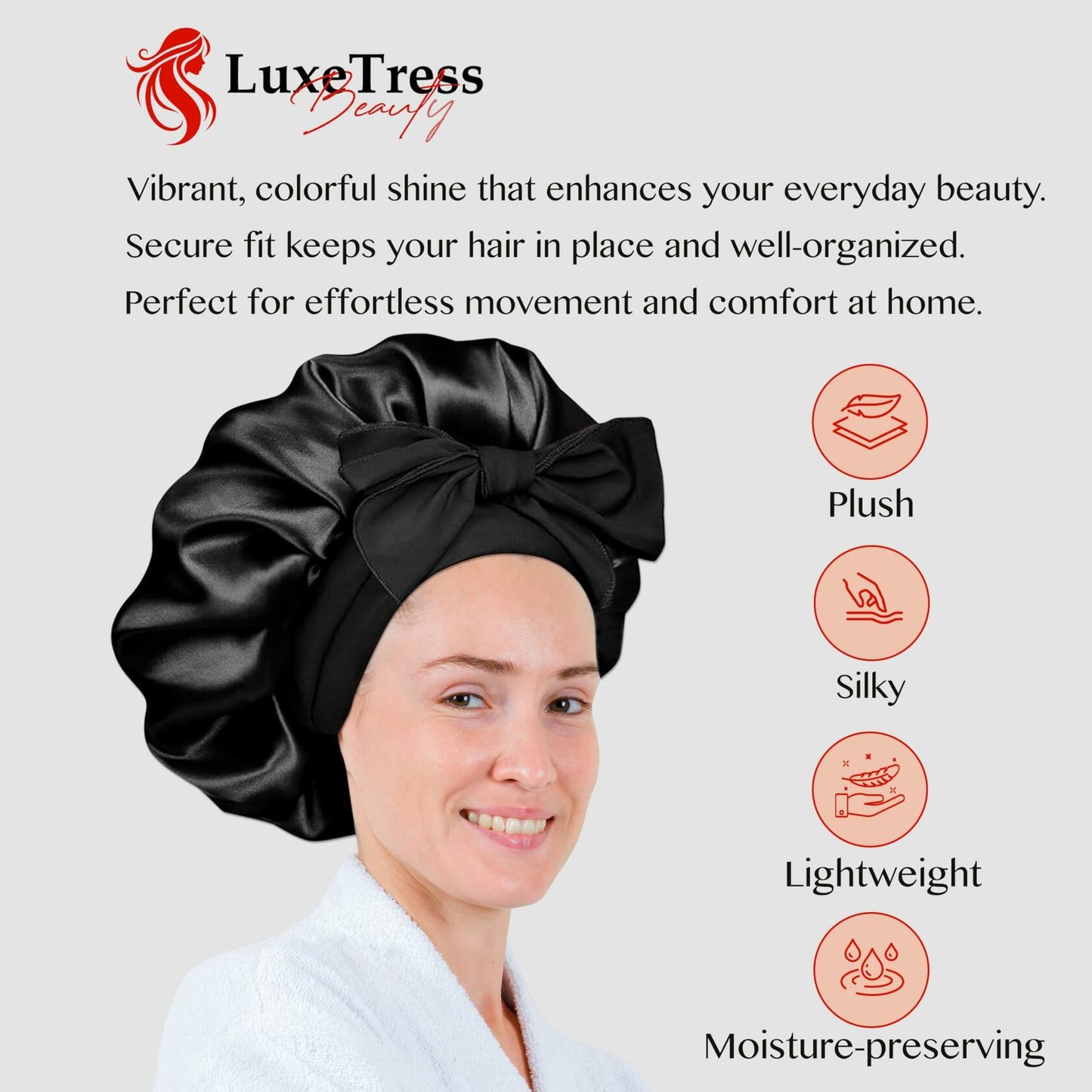 LuxeTress Black Satin Hair Bonnet Double-Layered Adjustable Black