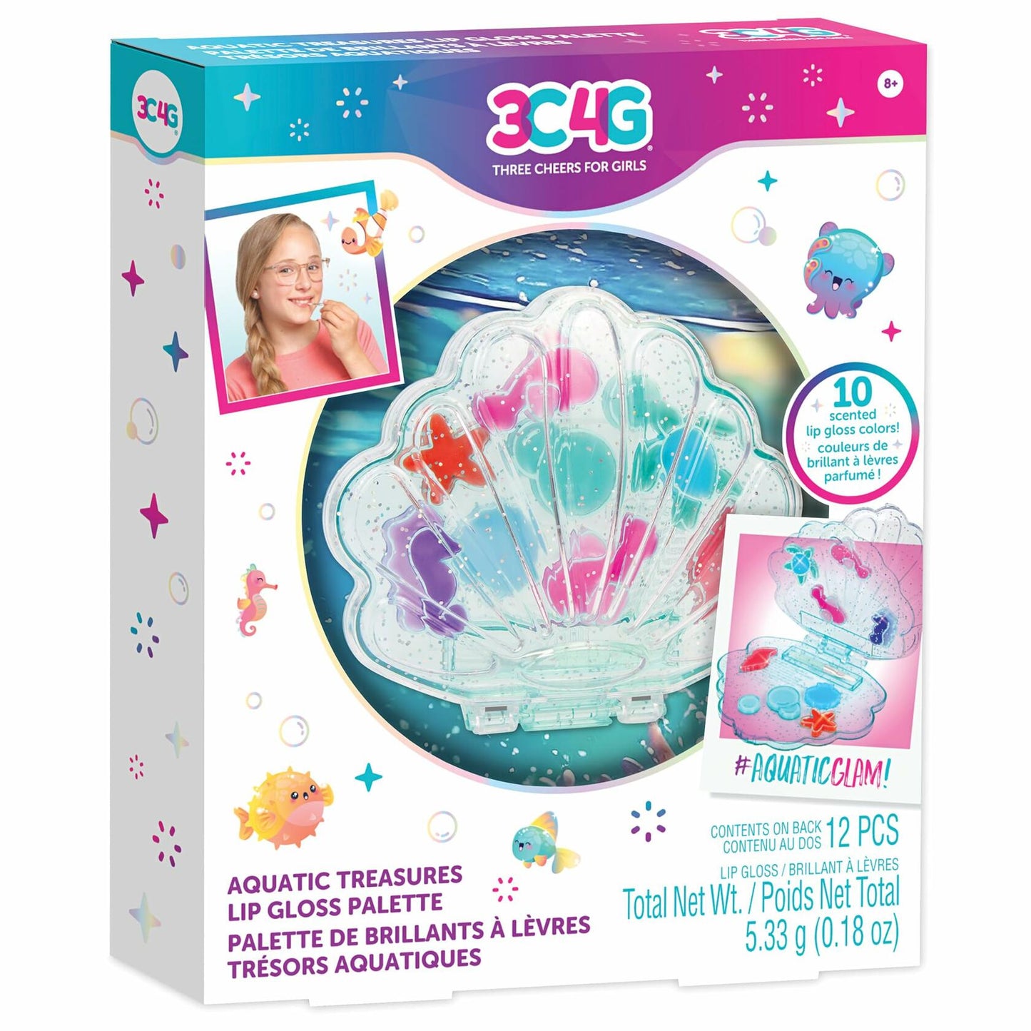 3C4G Aquatic Treasures Lip Gloss Palette Clam Case 10 Strawberry Colors