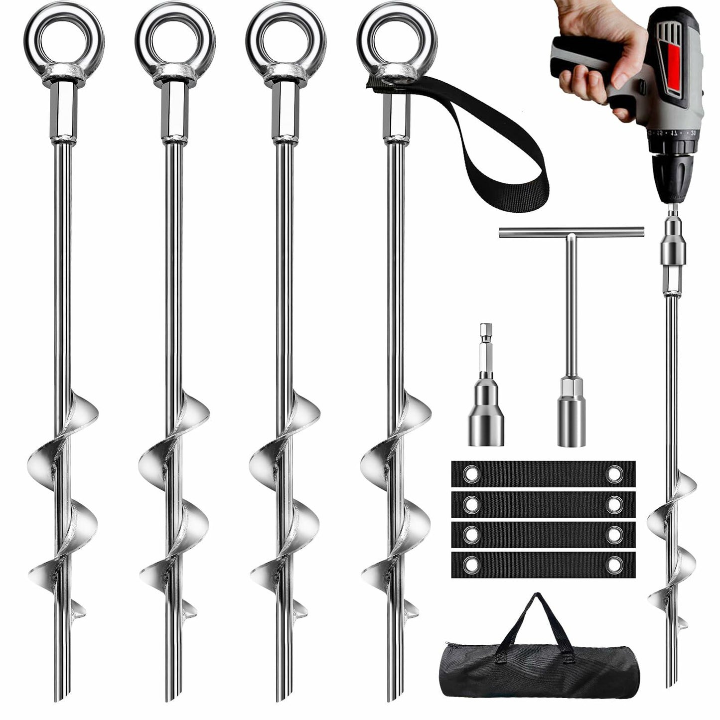 Phopich Ground Anchors 15" Spiral Heavy Duty Earth Anchors with Straps 8 Pack