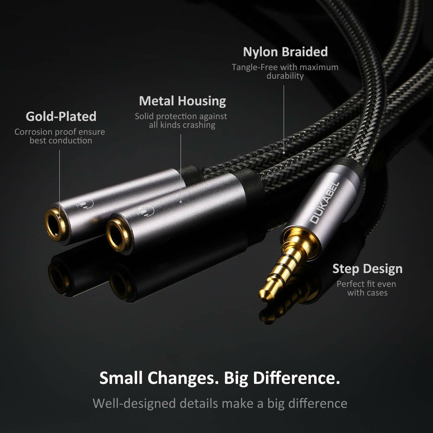 DUKABEL 3.5mm Stereo Audio Y Splitter Cable Grey Dual Headphone Jack Adapter