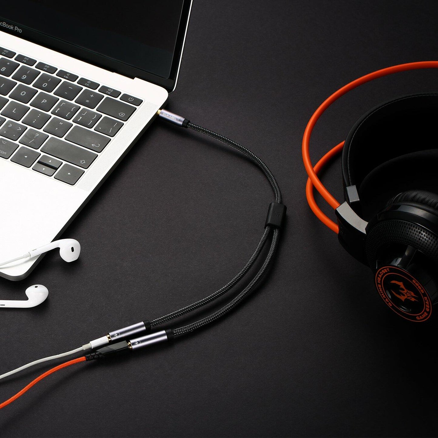 DUKABEL 3.5mm Stereo Audio Y Splitter Cable Grey Dual Headphone Jack Adapter