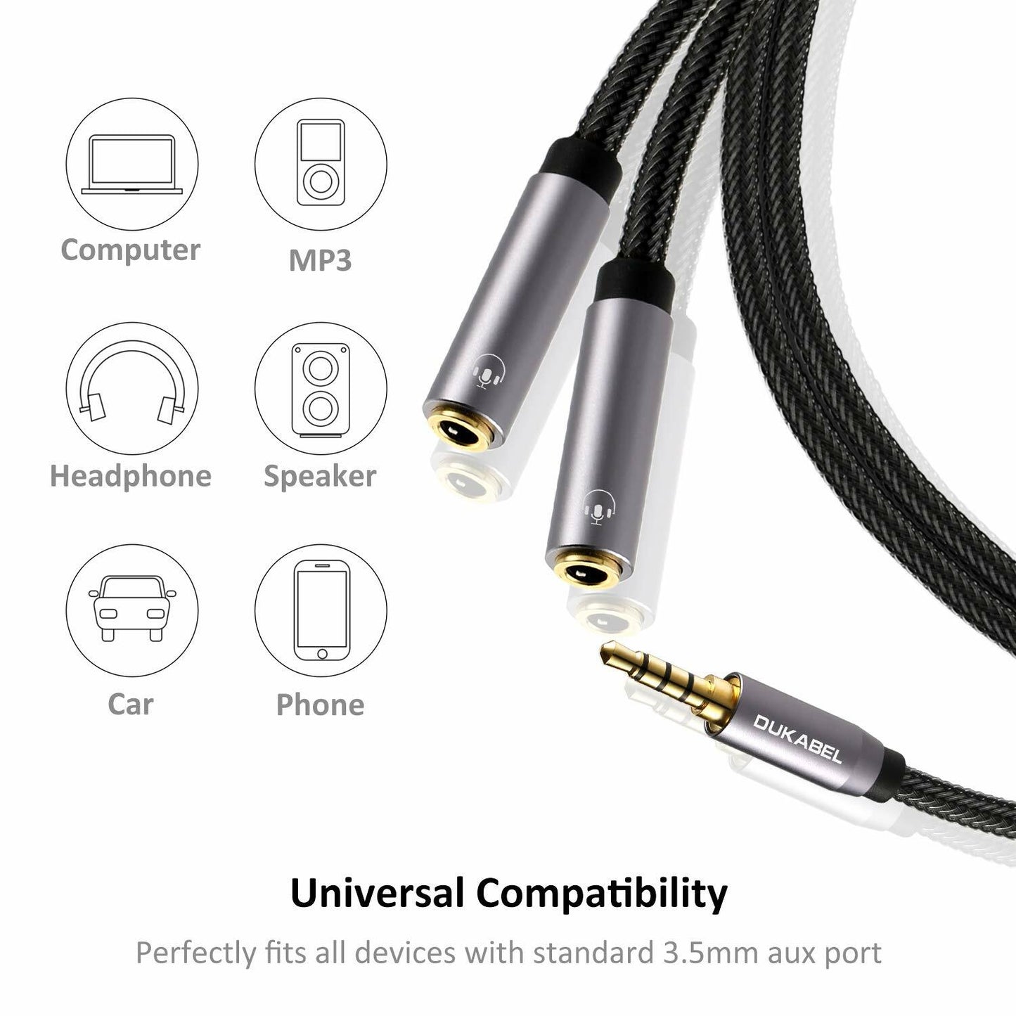 DUKABEL 3.5mm Stereo Audio Y Splitter Cable Grey Dual Headphone Jack Adapter