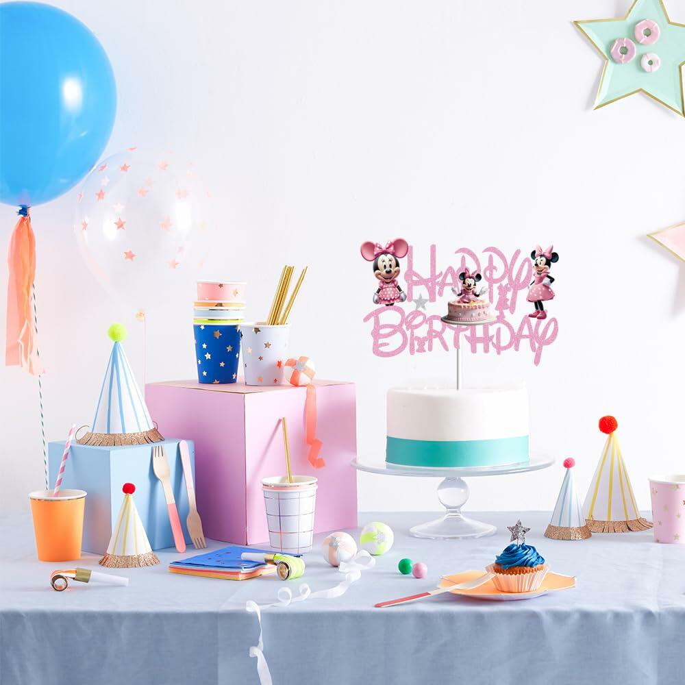 huizebaozhuang Pink Mouse Cake Topper Glitter Double-Sided Birthday Party