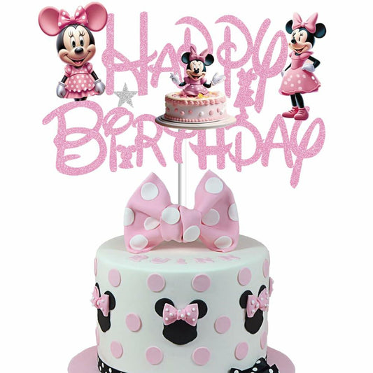 huizebaozhuang Pink Mouse Cake Topper Glitter Double-Sided Birthday Party