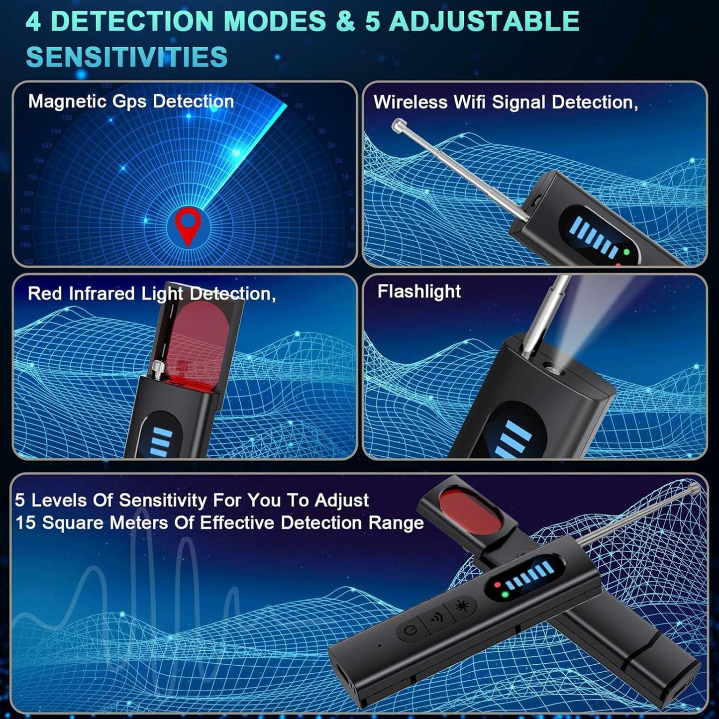 HUSPUR Hidden Camera Detector Portable Spy Finder Wireless Rechargeable Black