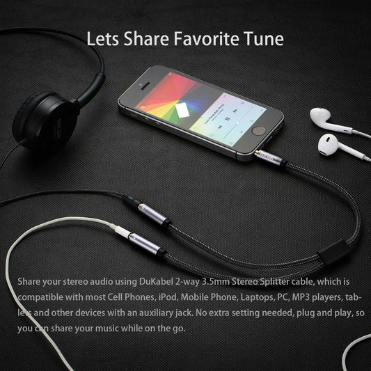 DUKABEL 3.5mm Stereo Audio Y Splitter Cable Grey Dual Headphone Jack Adapter