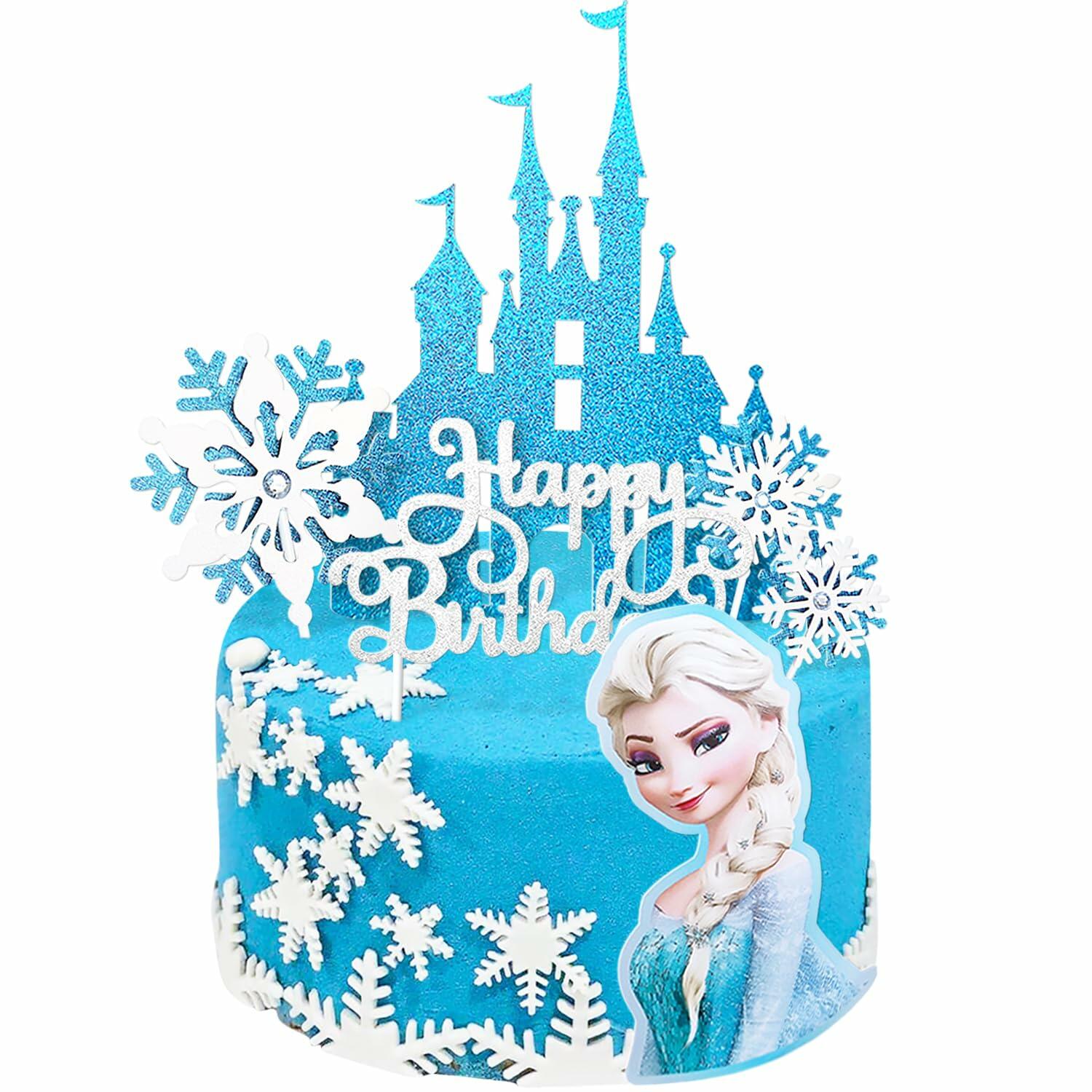 VeSidyHelo Frozen Glitter Cake Topper Set Castle Blue Sparkling 6 Counts