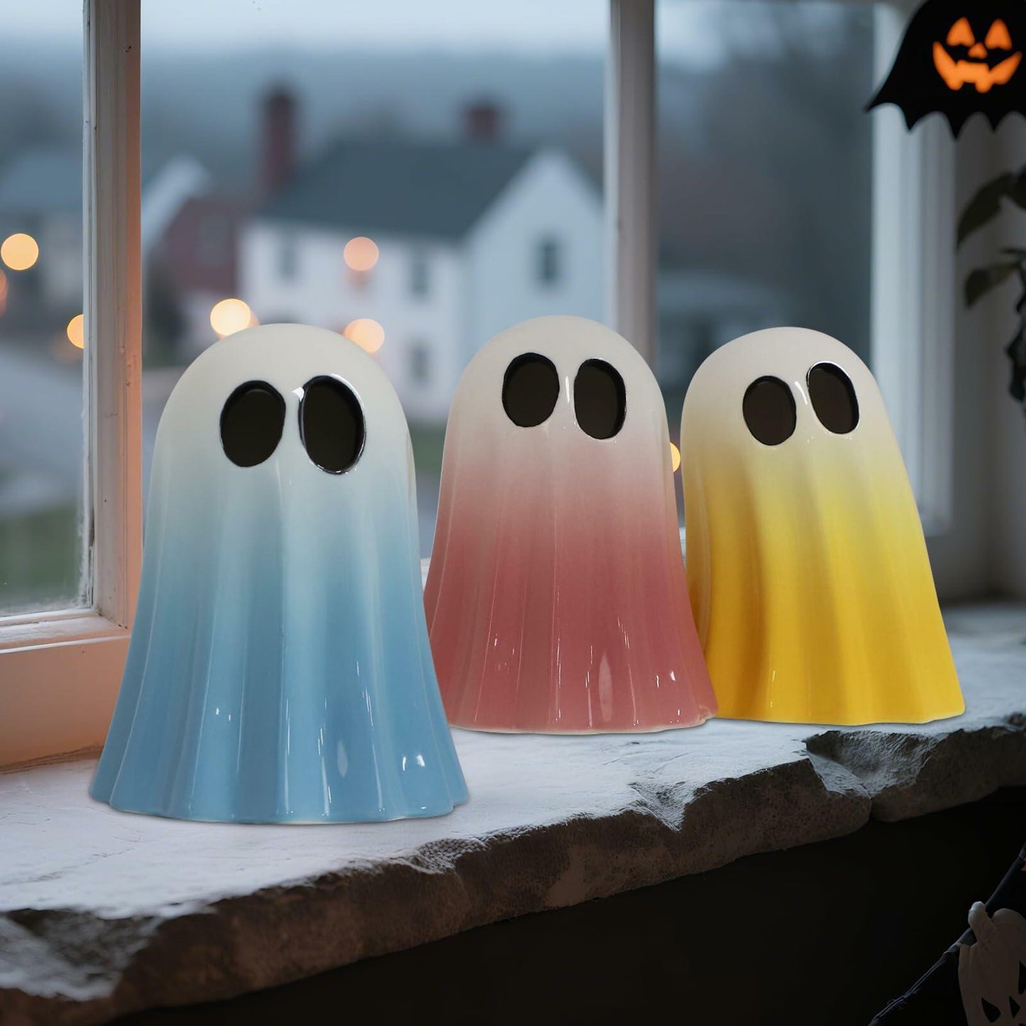 DAZONGE Halloween Ceramic Ghost Figurines Set of 3 Pink Yellow Blue Indoor