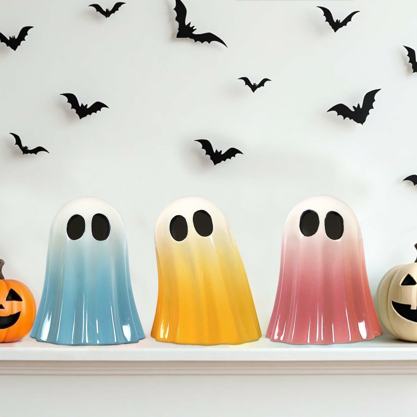 DAZONGE Halloween Ceramic Ghost Figurines Set of 3 Pink Yellow Blue Indoor