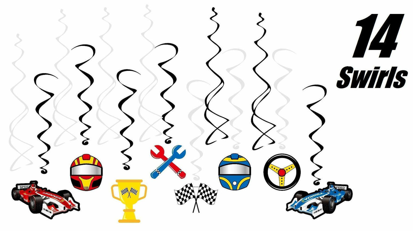 Race Car Party Supplies Set for 30 Kids Hats Bags Banners Swirls Backdrop