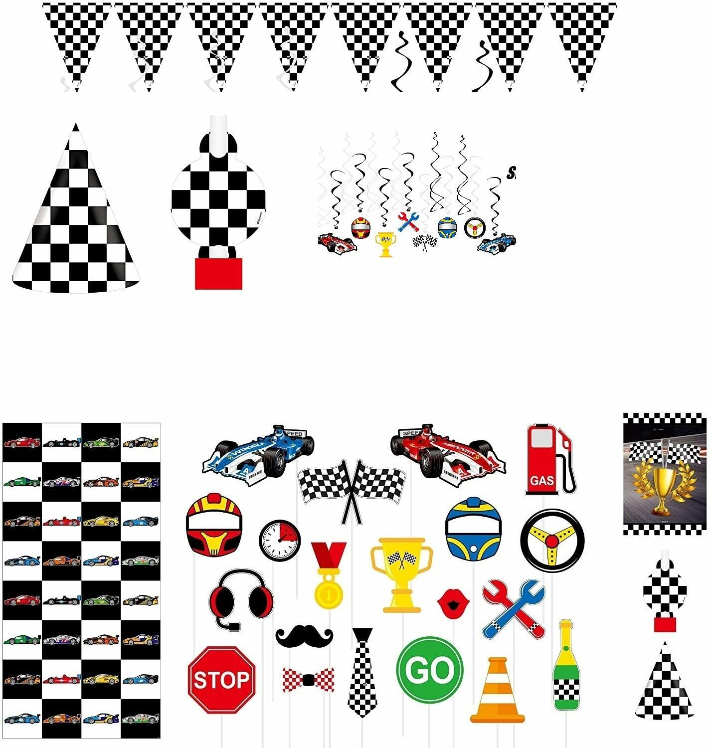 Race Car Party Supplies Set for 30 Kids Hats Bags Banners Swirls Backdrop