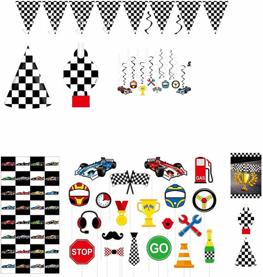 Race Car Party Supplies Set for 30 Kids Hats Bags Banners Swirls Backdrop