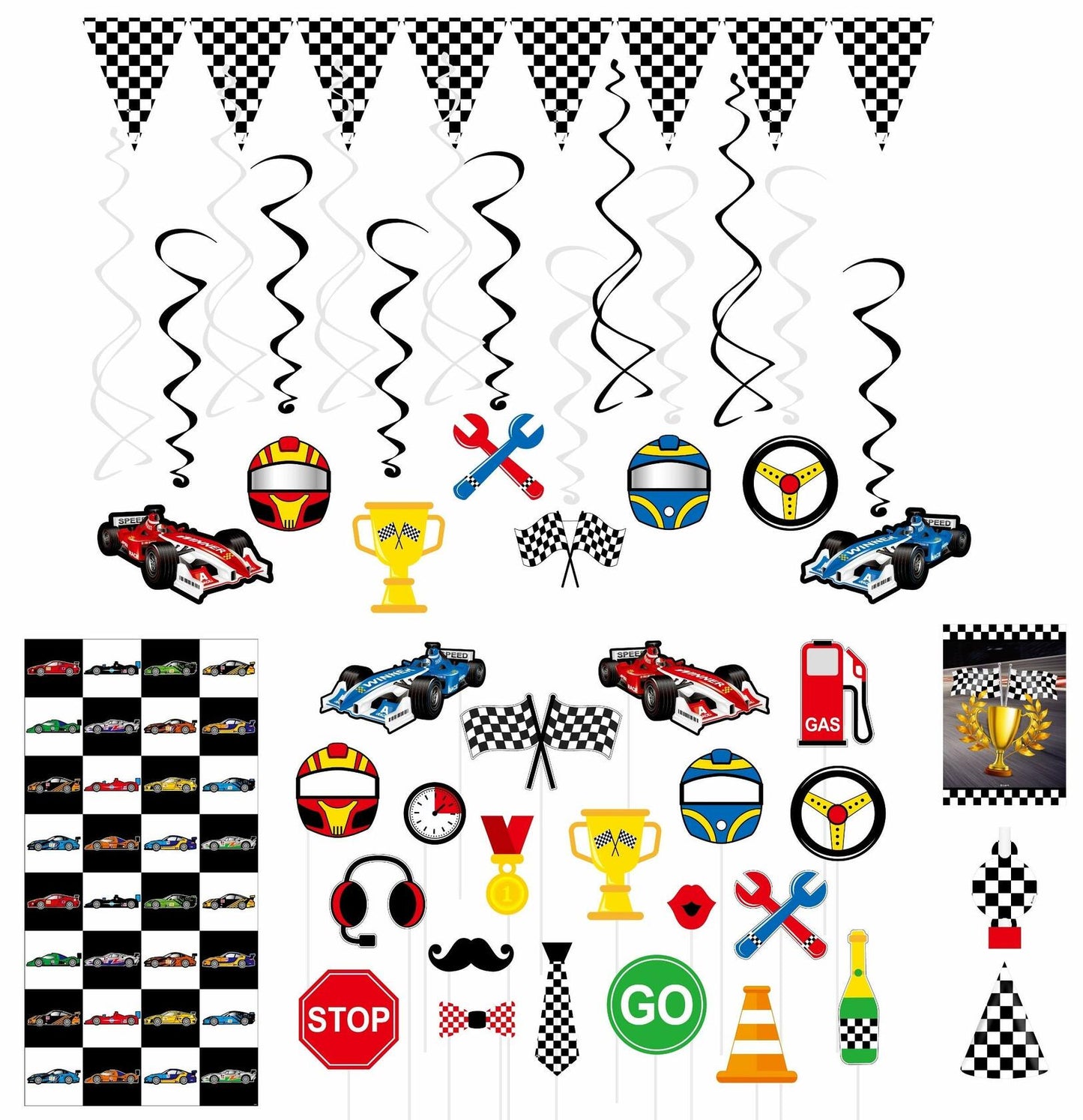Race Car Party Supplies Set for 30 Kids Hats Bags Banners Swirls Backdrop