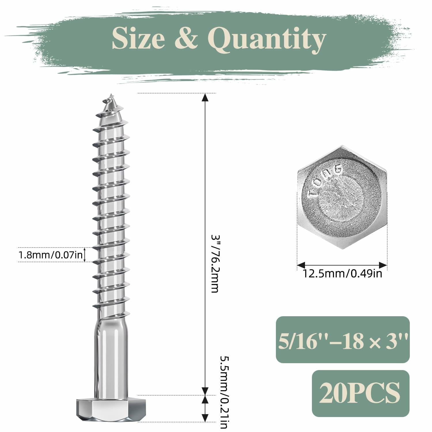 GOHODOMINO 5/16"x3" Hex Head Lag Screws Stainless Steel 304 20Pcs