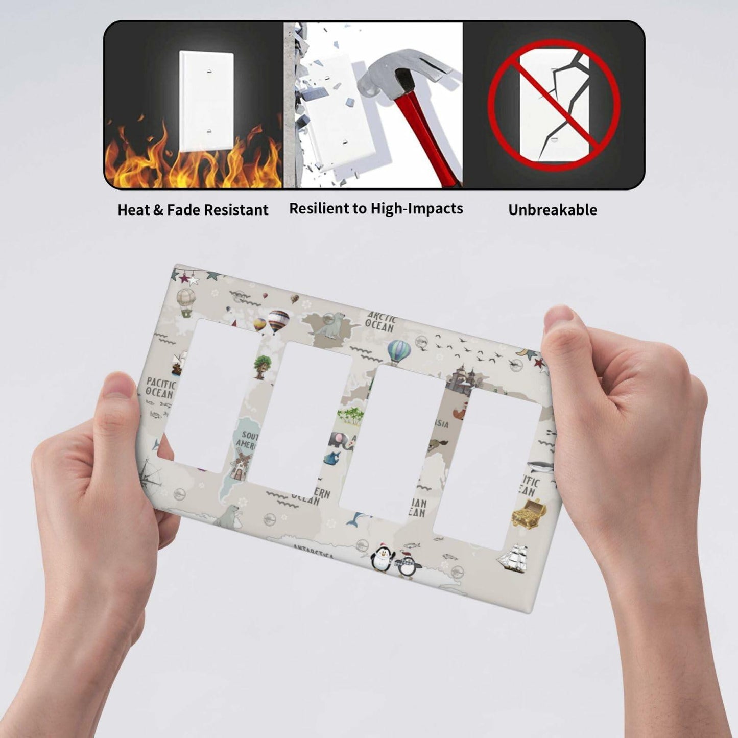 Wpshijia 4 Gang Light Switch Cover Beige Animal World Map Wall Plate