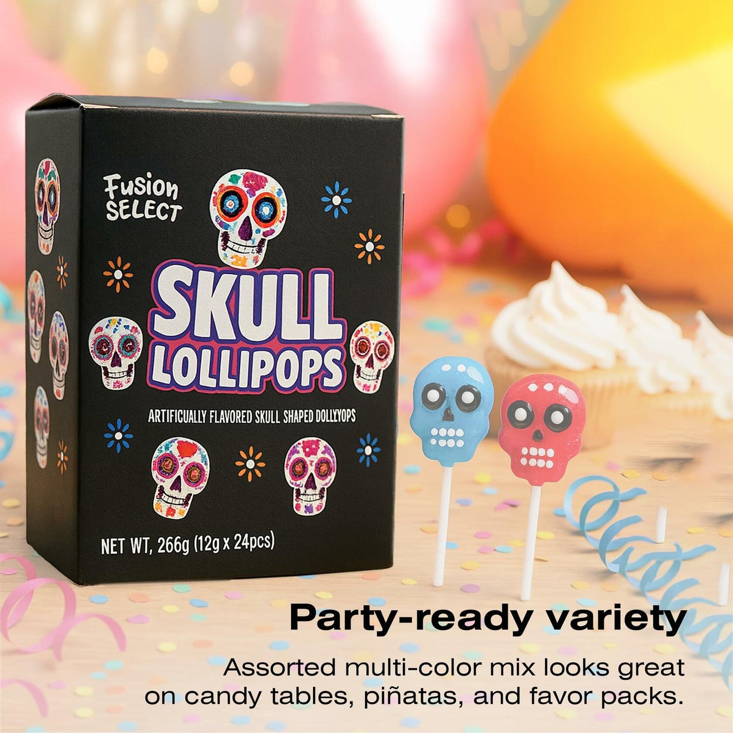 BestBy06/27 Fusion Select Sugar Skull Lollipops 24 Pc Colorful Halloween Candy