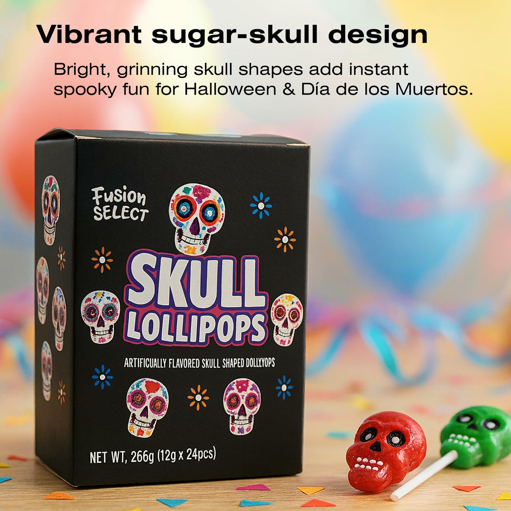 BestBy06/27 Fusion Select Sugar Skull Lollipops 24 Pc Colorful Halloween Candy