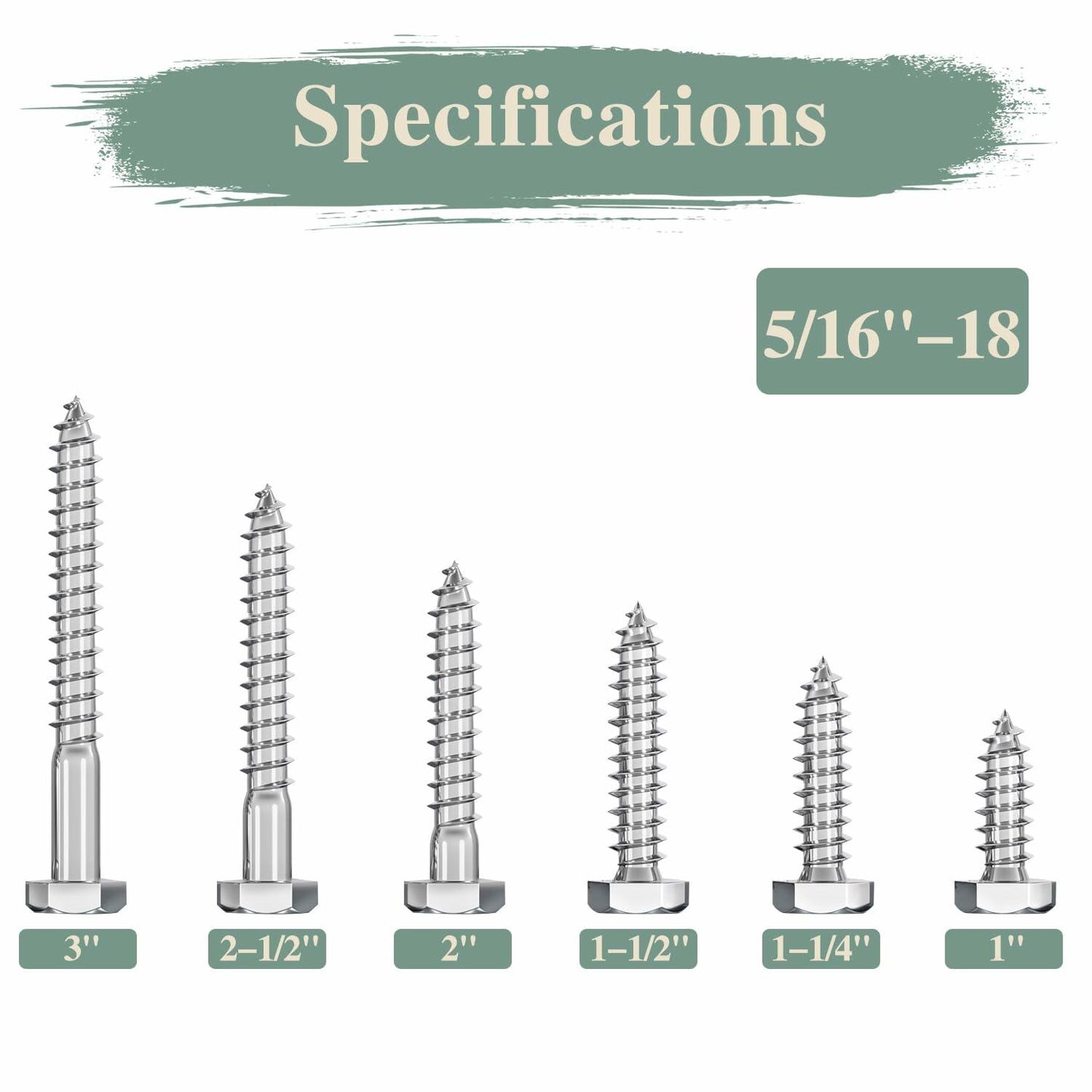 GOHODOMINO 5/16"x3" Hex Head Lag Screws Stainless Steel 304 20Pcs