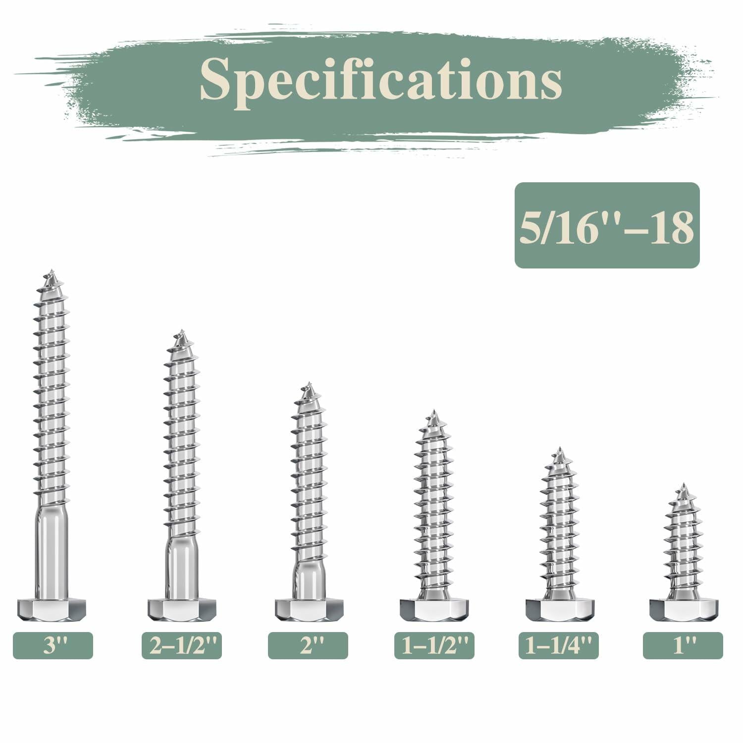 GOHODOMINO 5/16"x3" Hex Head Lag Screws Stainless Steel 304 20Pcs