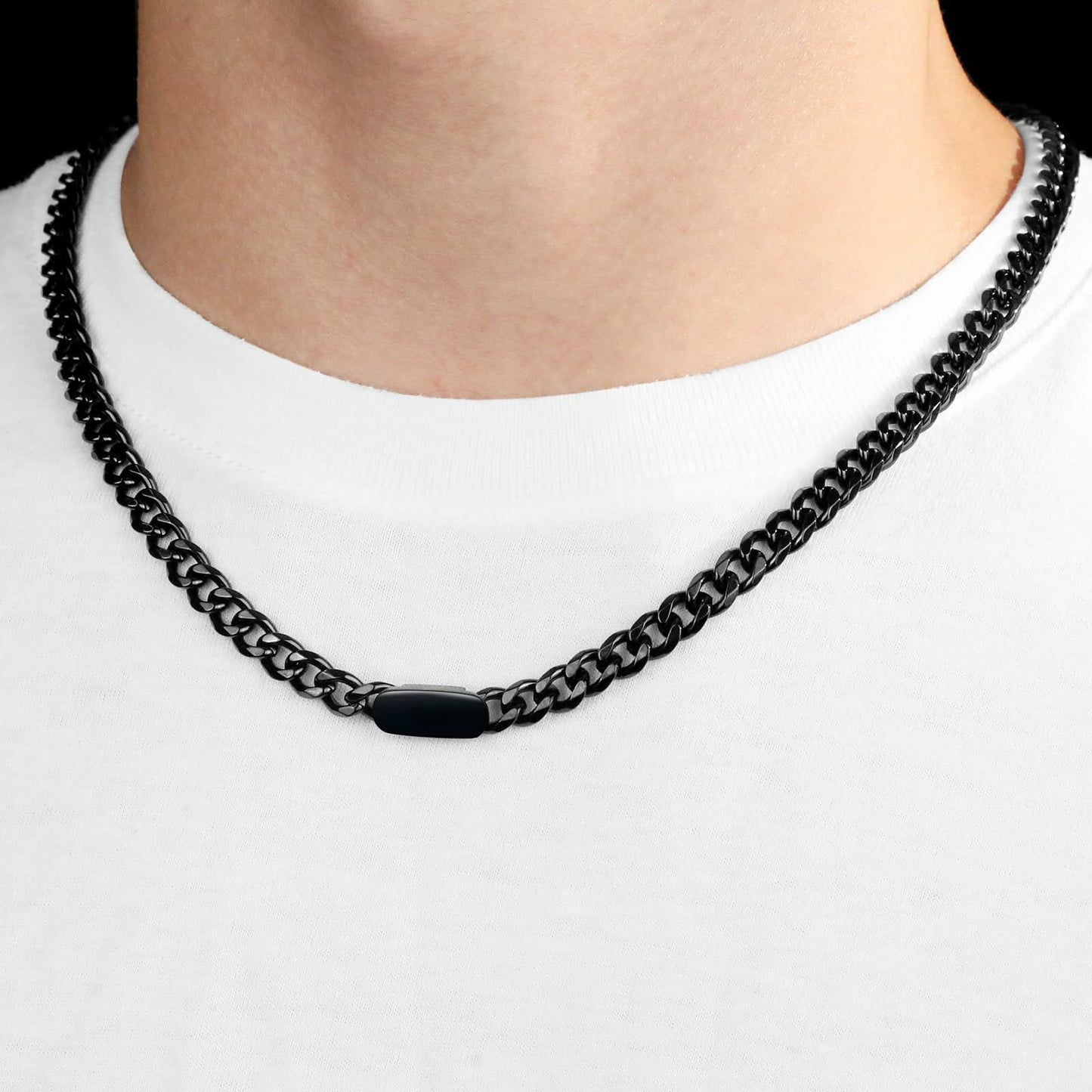 WINFY Cuban Link Necklace Men 6.5mm 18+2in Stainless Steel Black