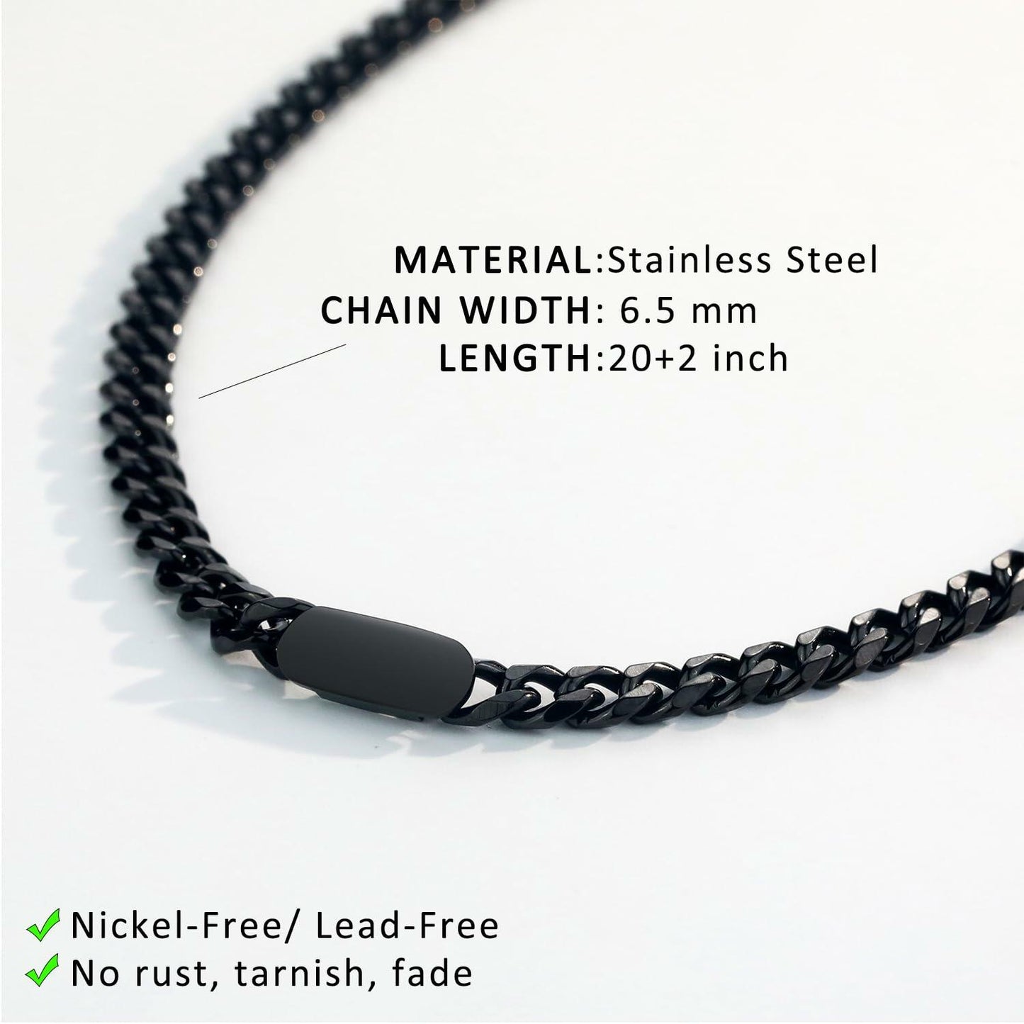 WINFY Cuban Link Necklace Men 6.5mm 18+2in Stainless Steel Black