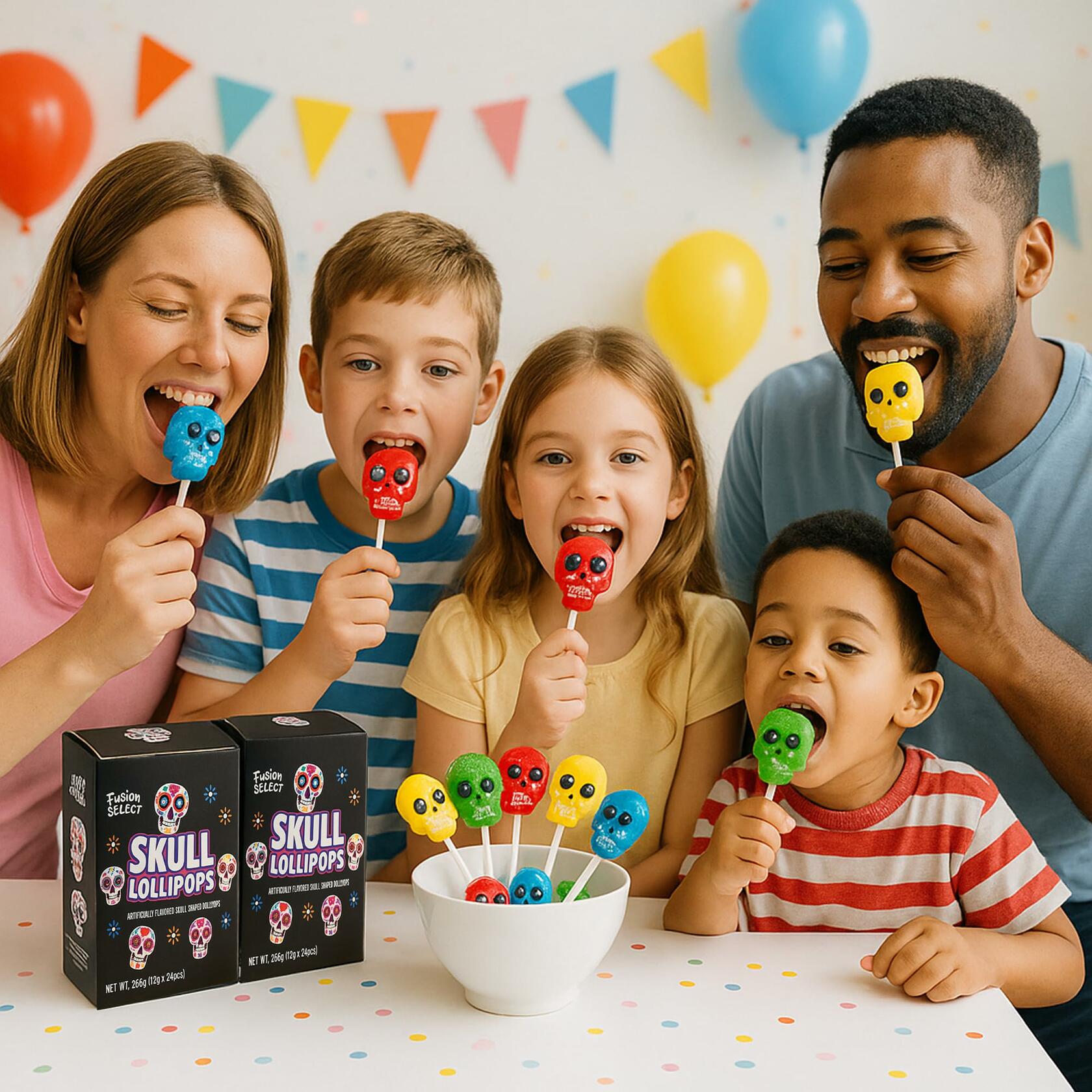 BestBy06/27 Fusion Select Sugar Skull Lollipops 24 Pc Colorful Halloween Candy