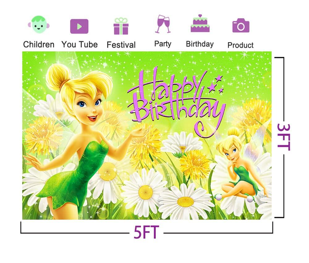 Basifoto Tinkerbell Birthday Party Backdrop 5x3ft Green Polyester