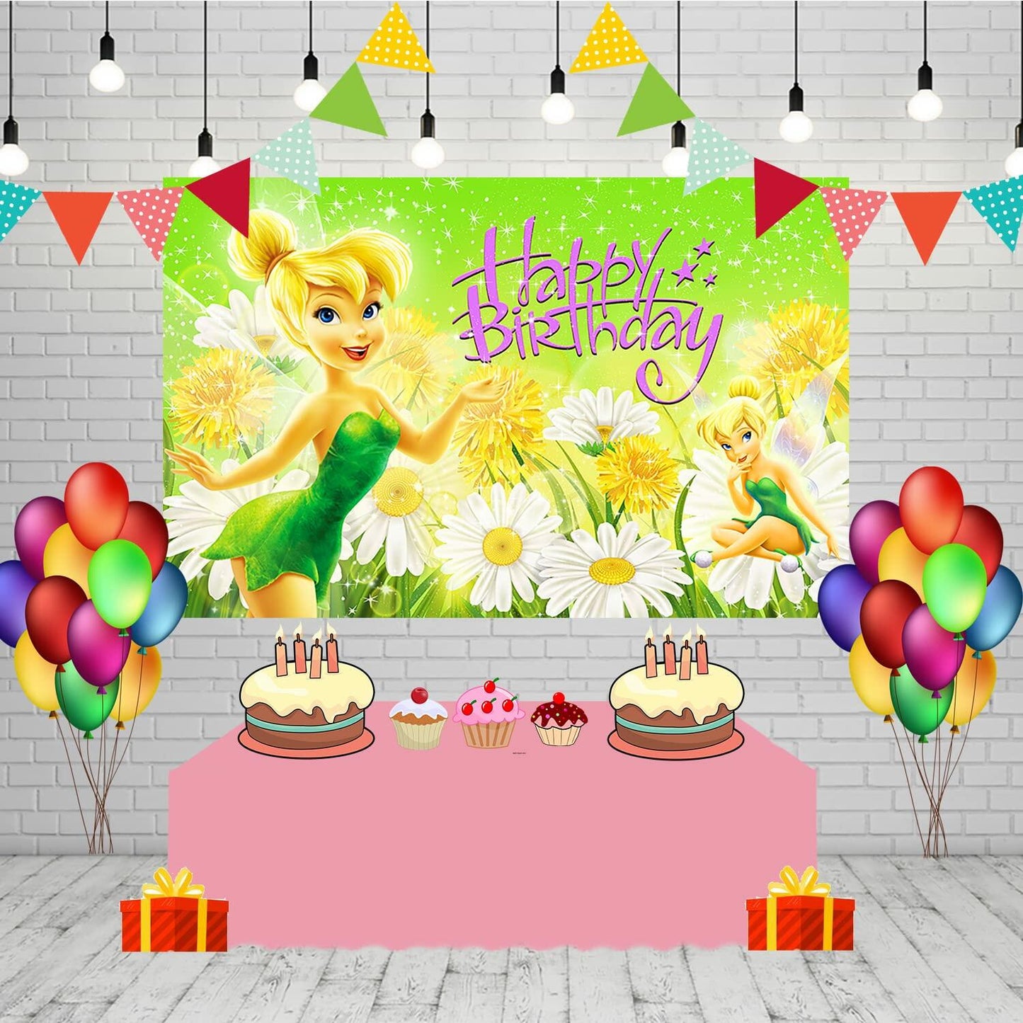 Basifoto Tinkerbell Birthday Party Backdrop 5x3ft Green Polyester