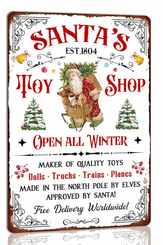 Tvdegse Santa's Toy Shop Metal Sign Retro Christmas Wall Decor 8x12 Inch