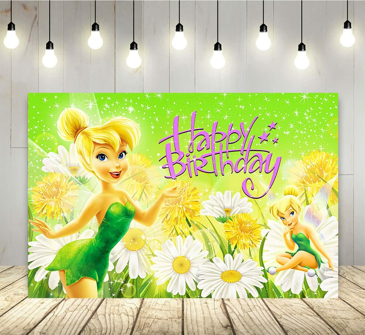 Basifoto Tinkerbell Birthday Party Backdrop 5x3ft Green Polyester