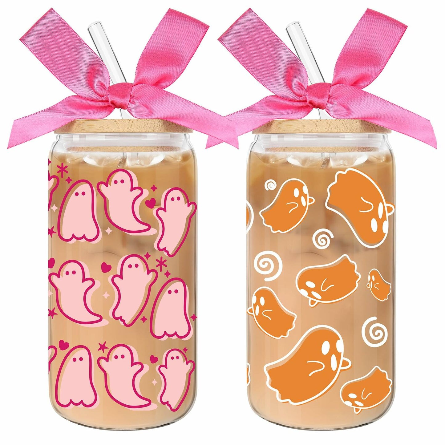 LeeSky 2 Pack Halloween Ghost Glass Tumblers 16Oz Pink Orange Lids Straws