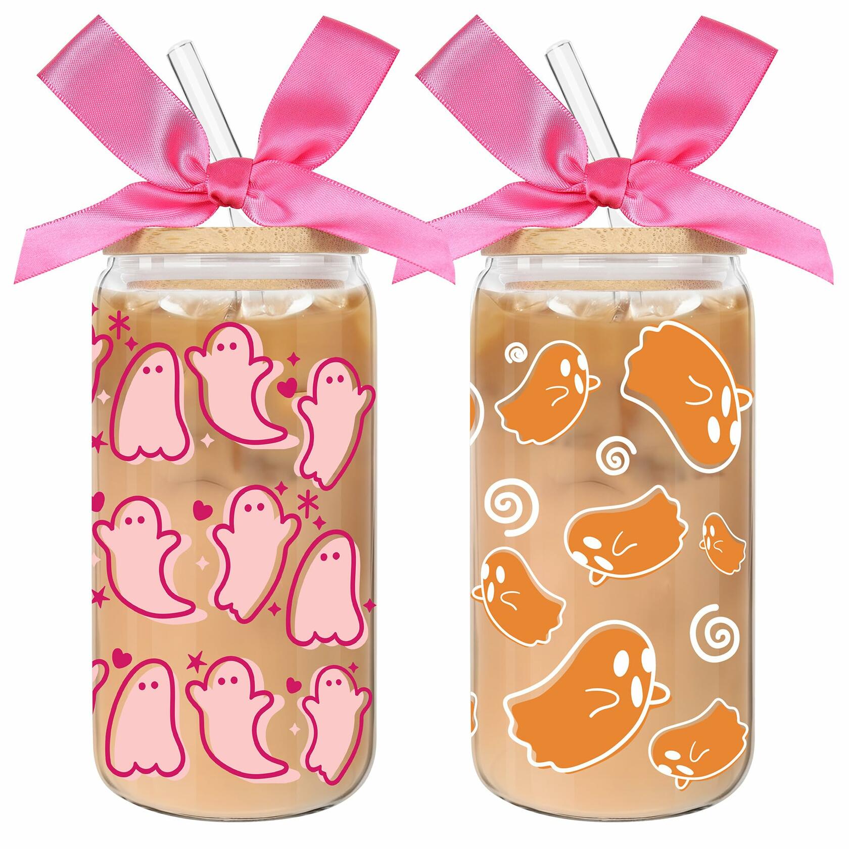 LeeSky 2 Pack Halloween Ghost Glass Tumblers 16Oz Pink Orange Lids Straws