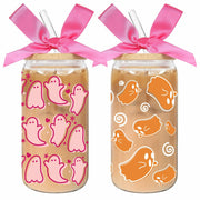 LeeSky 2 Pack Halloween Ghost Glass Tumblers 16Oz Pink Orange Lids Straws