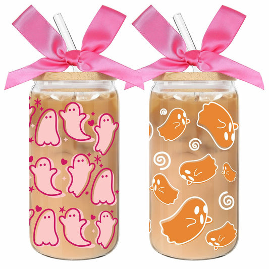 LeeSky 2 Pack Halloween Ghost Glass Tumblers 16Oz Pink Orange Lids Straws