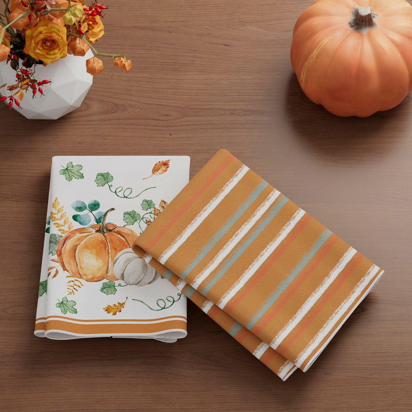 XCHI Fall Pumpkin Striped Dish Towels 18x26 Inch Colored Set of 4