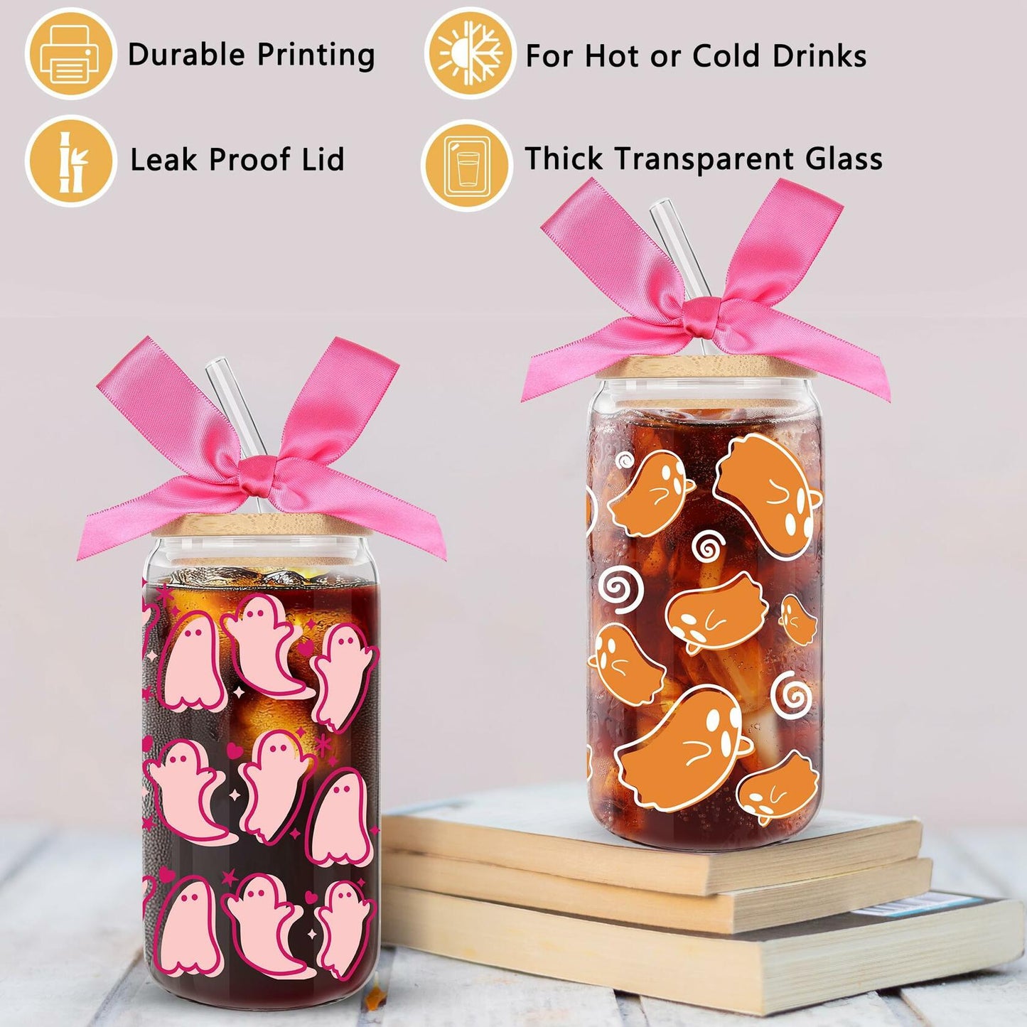 LeeSky 2 Pack Halloween Ghost Glass Tumblers 16Oz Pink Orange Lids Straws