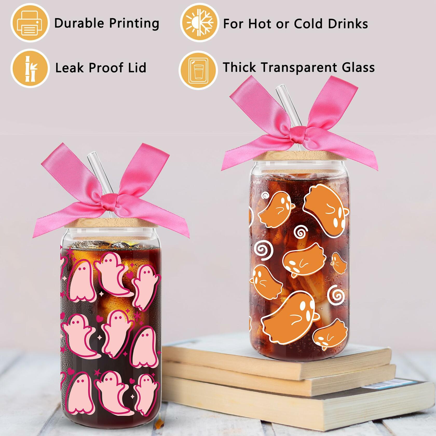 LeeSky 2 Pack Halloween Ghost Glass Tumblers 16Oz Pink Orange Lids Straws